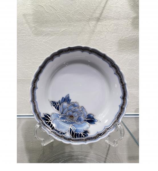 染付銀彩　牡丹　5寸輪花皿